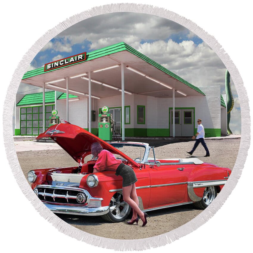 54 Chevy Belair Round Beach Towel featuring the photograph Over heating at the Sinclair Station V by Mike McGlothlen