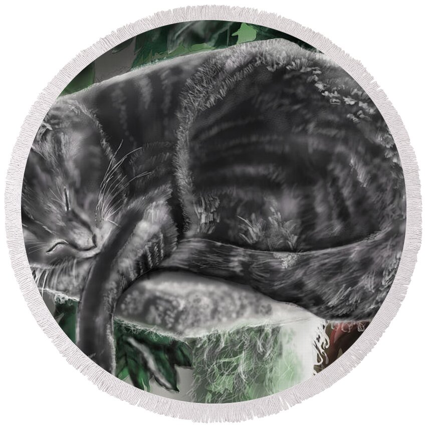 Animal Portrait Round Beach Towel featuring the painting Overdue Cat nap by Rob Hartman