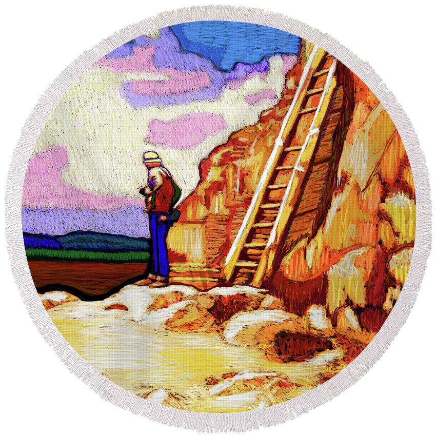 New Mexico Round Beach Towel featuring the digital art Overlook At Bandelier by Rod Whyte