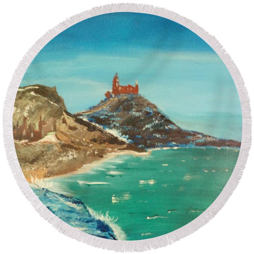 Donnsart1 Round Beach Towel featuring the painting Overlooked Ruins Painting # 305 by Donald Northup
