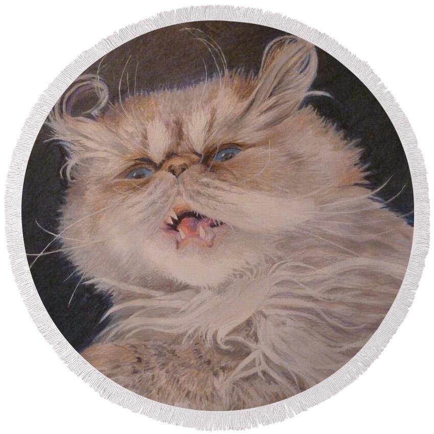 Kitten Round Beach Towel featuring the painting Overly Dramatic Kitten by Constance DRESCHER