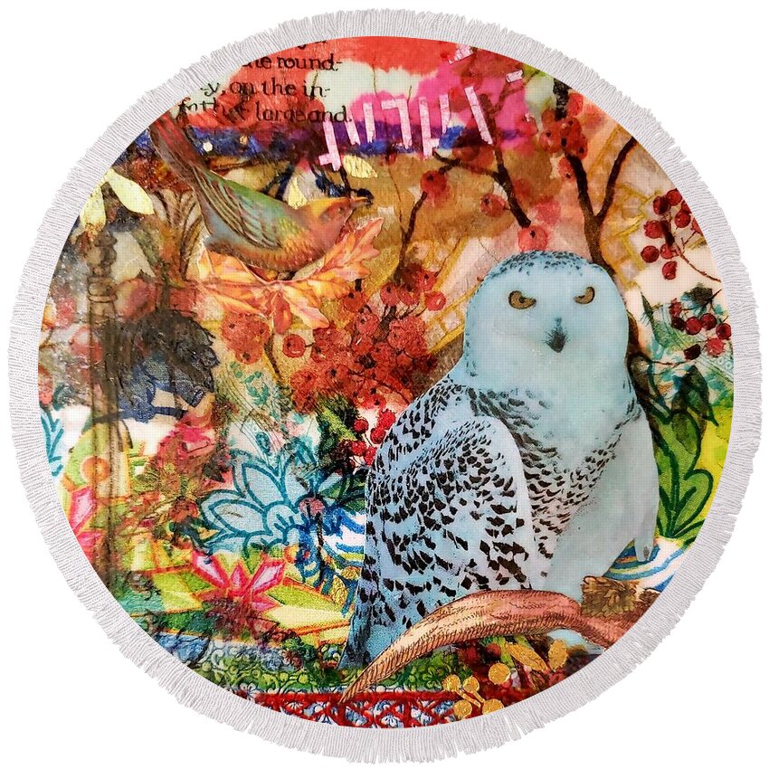 Owl Round Beach Towel featuring the mixed media Owl in Red by Deborah Cherrin
