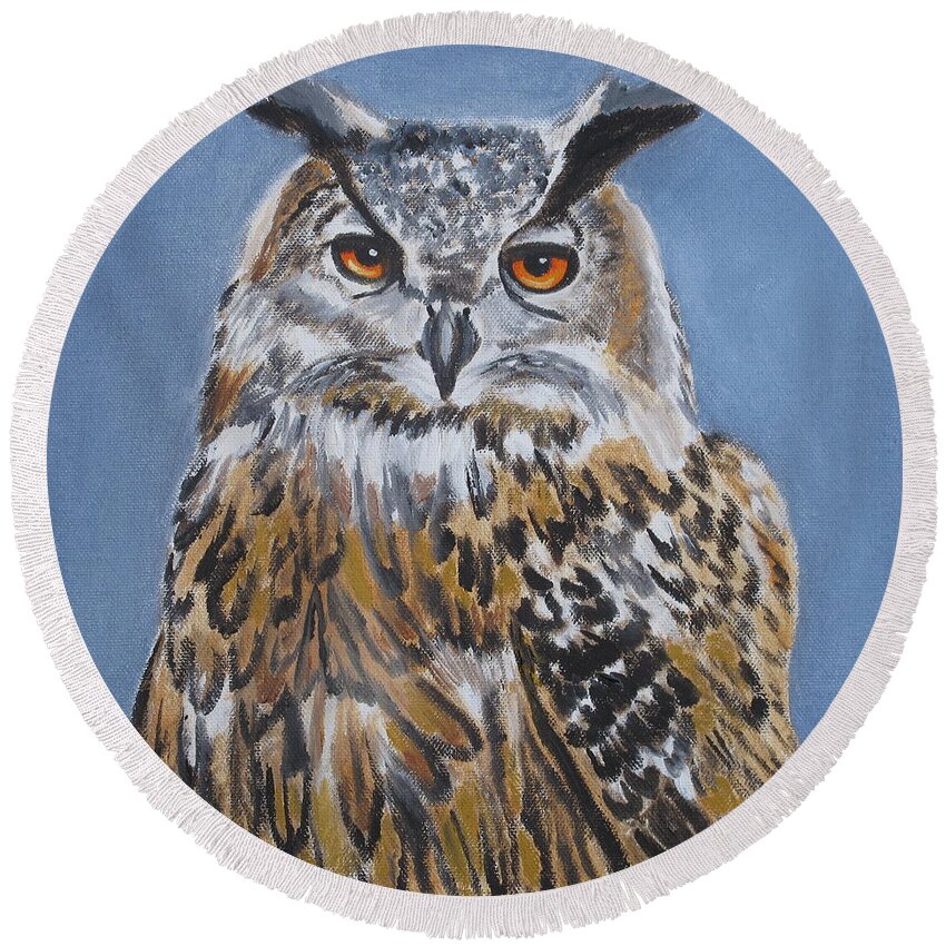Pets Round Beach Towel featuring the painting Owl Orange Eyes by Kathie Camara