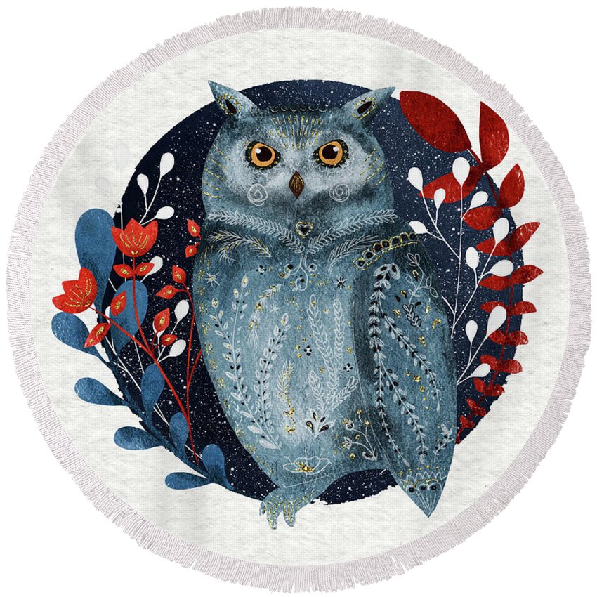 Owl Round Beach Towel featuring the painting Owl With Flowers by Modern Art