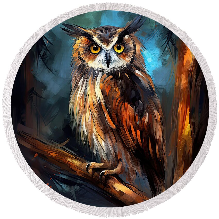 Owl Round Beach Towel featuring the digital art Owl's Portrait by Lourry Legarde