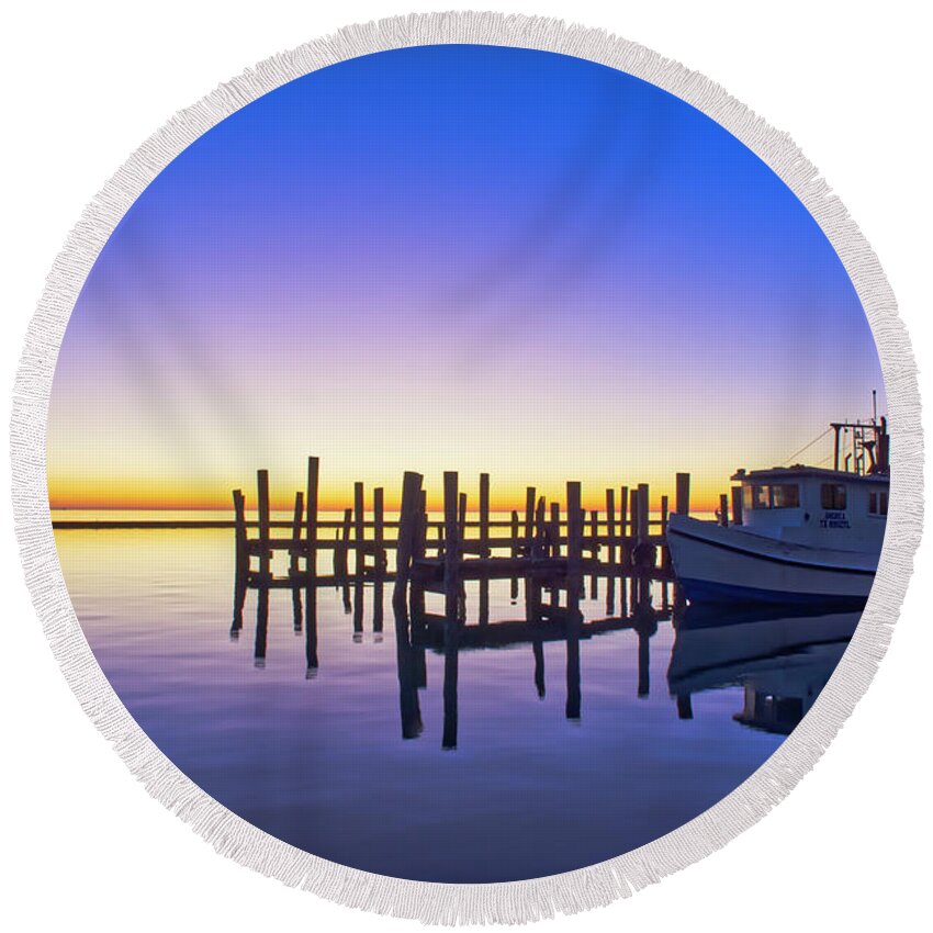 Boat Round Beach Towel featuring the photograph Oyster Boat Reflections by Ty Husak