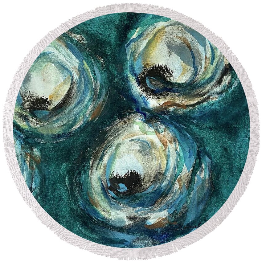 Louisiana Seafood Round Beach Towel featuring the painting Oysters in Teal by Francelle Theriot