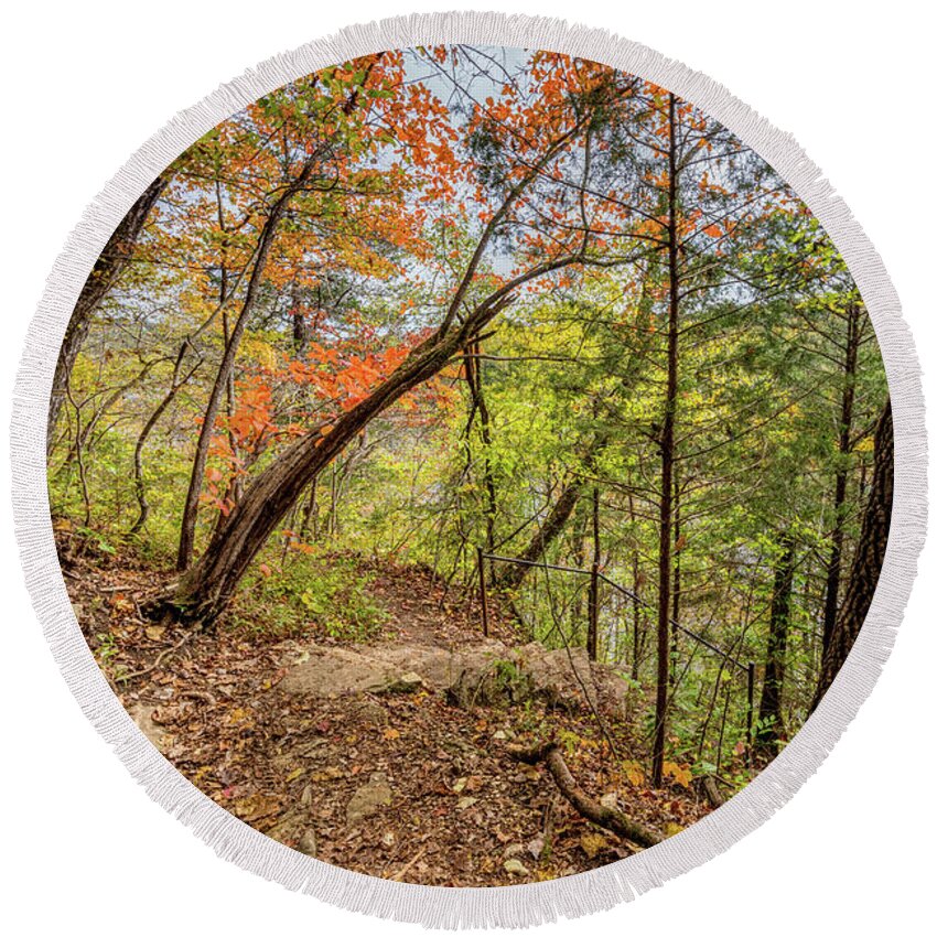 Autumn Round Beach Towel featuring the photograph Ozarks Fall Forest Hike by Jennifer White