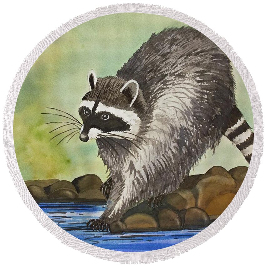 Pacific Northwest Raccoon A Watercolor Painting By Norma Appleton Round Beach Towel featuring the painting Pacific Northwest Raccoon by Norma Appleton