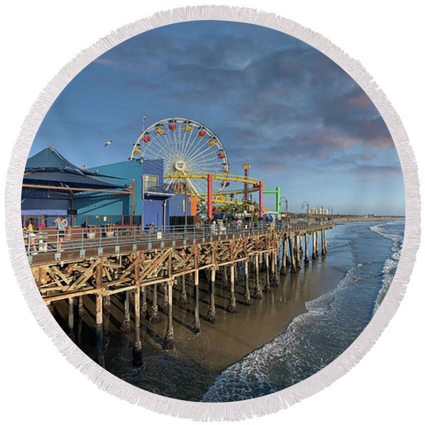 Pacific Park Round Beach Towel featuring the photograph Pacific Park and Santa Monica pier at sunset, Los Angeles by Joshua Poggianti