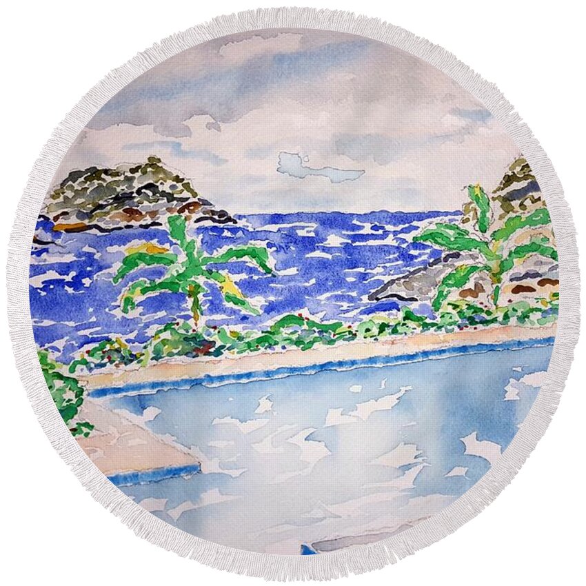 Watercolor Round Beach Towel featuring the painting Pacific Pool by John Klobucher