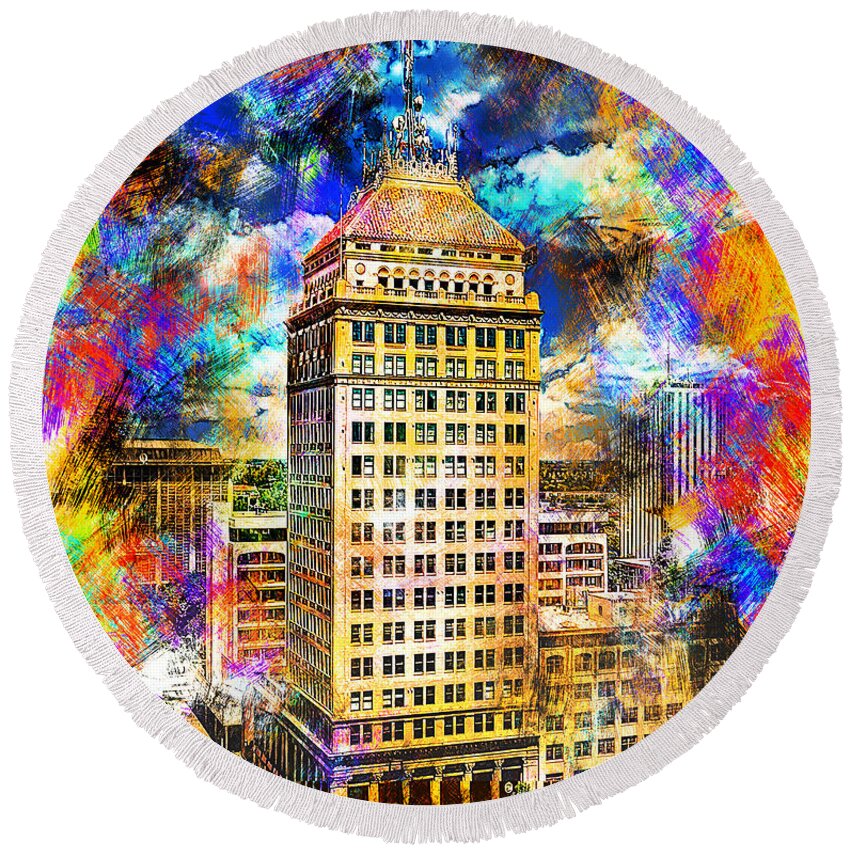 Pacific Southwest Building Round Beach Towel featuring the digital art Pacific Southwest Building in Fresno - colorful painting by Nicko Prints