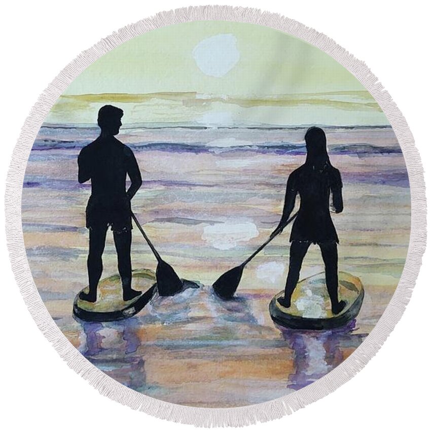 Ocean Round Beach Towel featuring the painting Paddleboard Sunset by Claudette Carlton