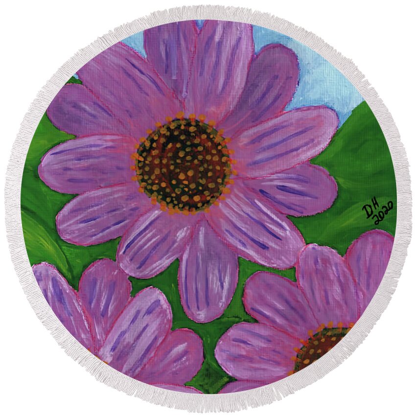 Pink Round Beach Towel featuring the painting Painted Daisies by D Hackett