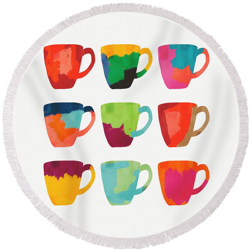 Mugs Round Beach Towel featuring the mixed media Painted Mugs- Art by Linda Woods by Linda Woods