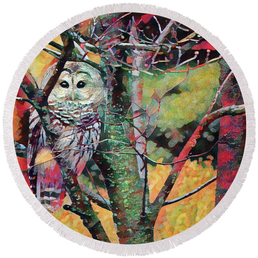 Owls Round Beach Towel featuring the photograph Painted Owl by Trina Ansel