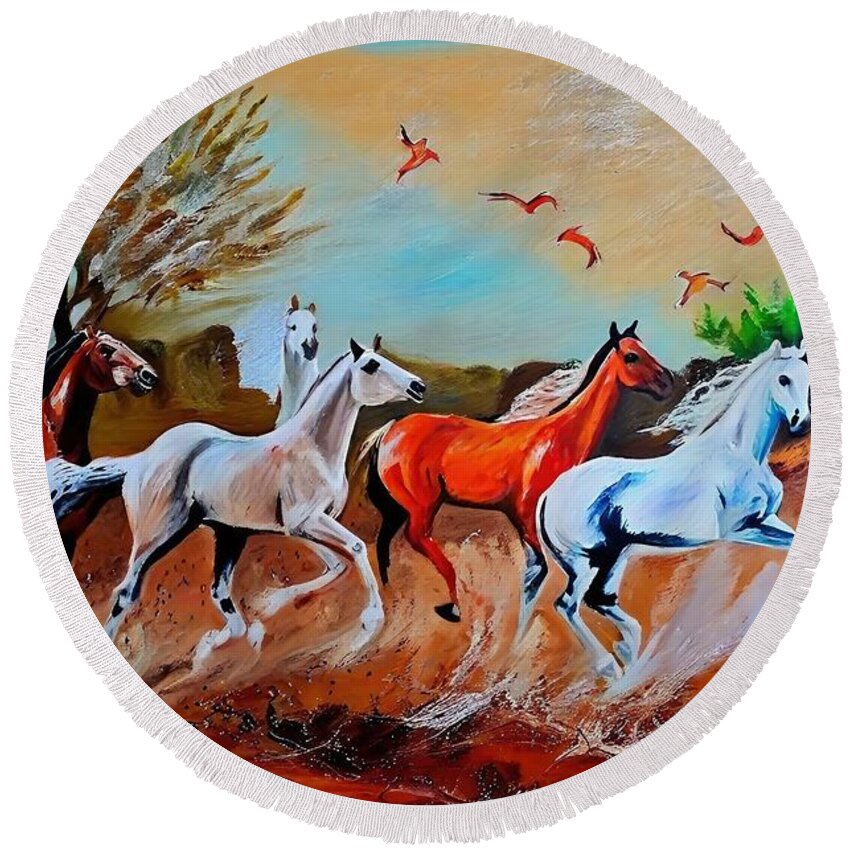 Watercolor Round Beach Towel featuring the painting Painting Arabian Horses watercolor horse painter by N Akkash