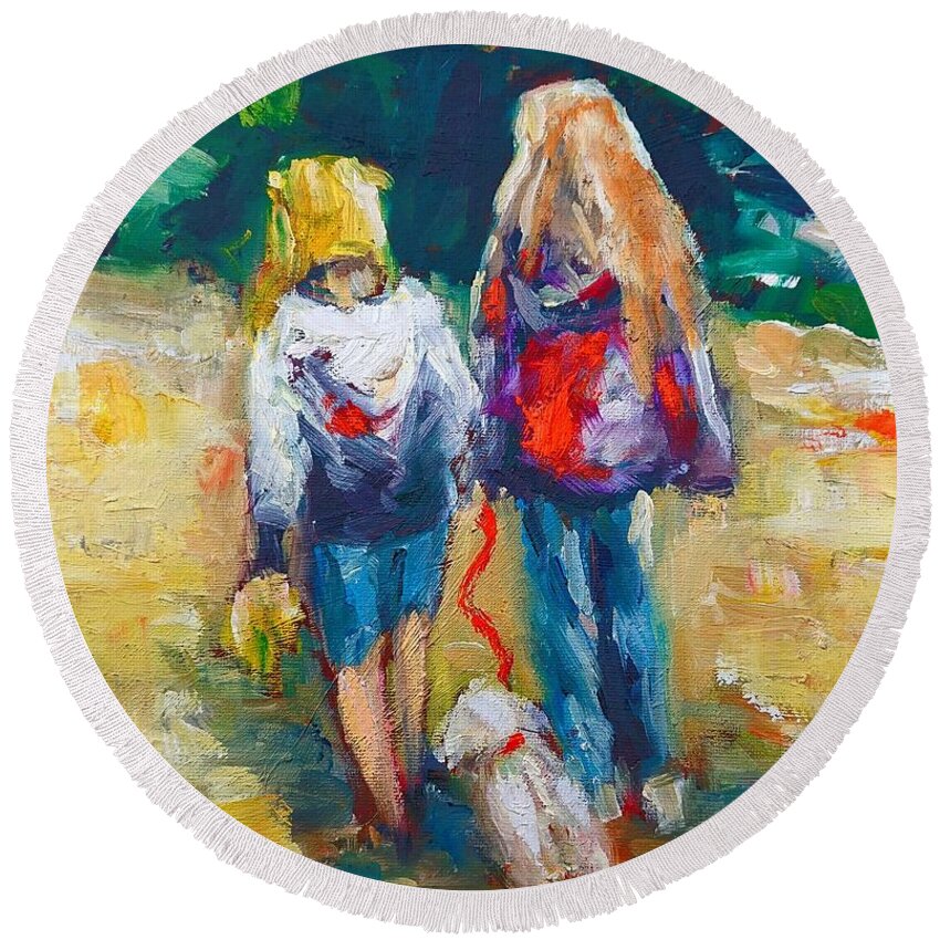 Friends Round Beach Towel featuring the painting Painting of friends by Mary Cahalan Lee - aka PIXI