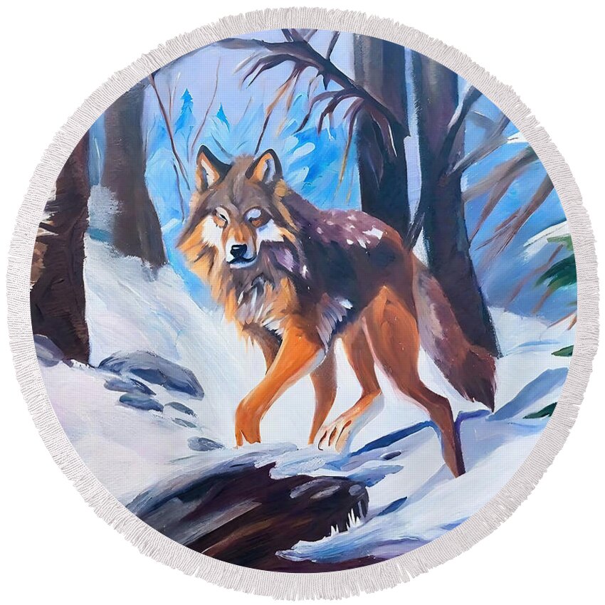 Nature Round Beach Towel featuring the painting Painting Winter Wolf nature mammal animal wolf wi by N Akkash