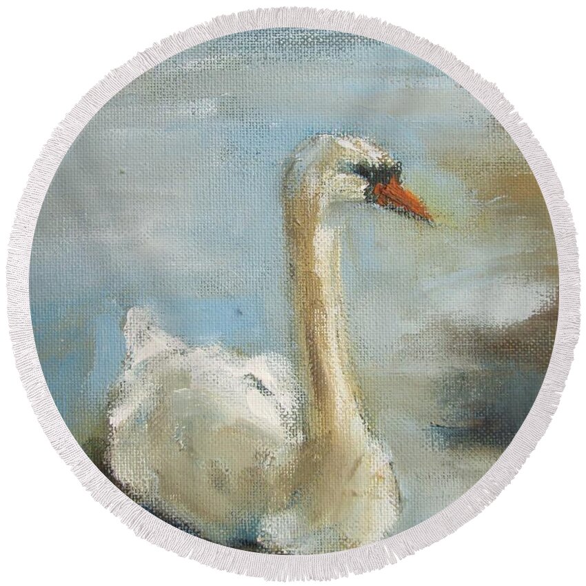Swan Painting Round Beach Towel featuring the painting Paintings Of Swan by Mary Cahalan Lee - aka PIXI
