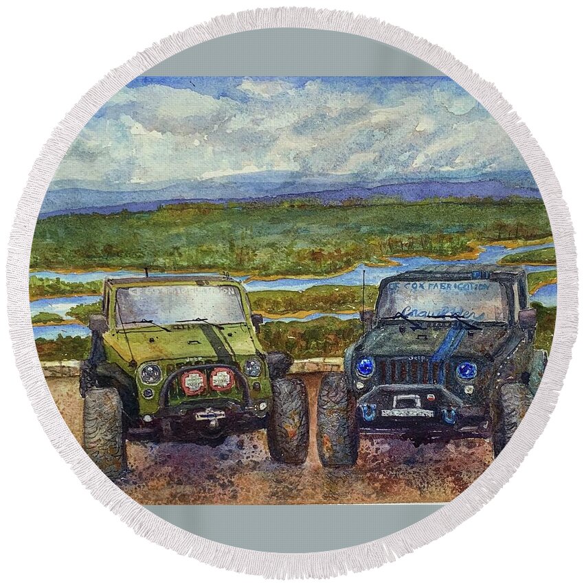 Jeep Round Beach Towel featuring the painting Pair Of Jeeps by Cheryl Prather