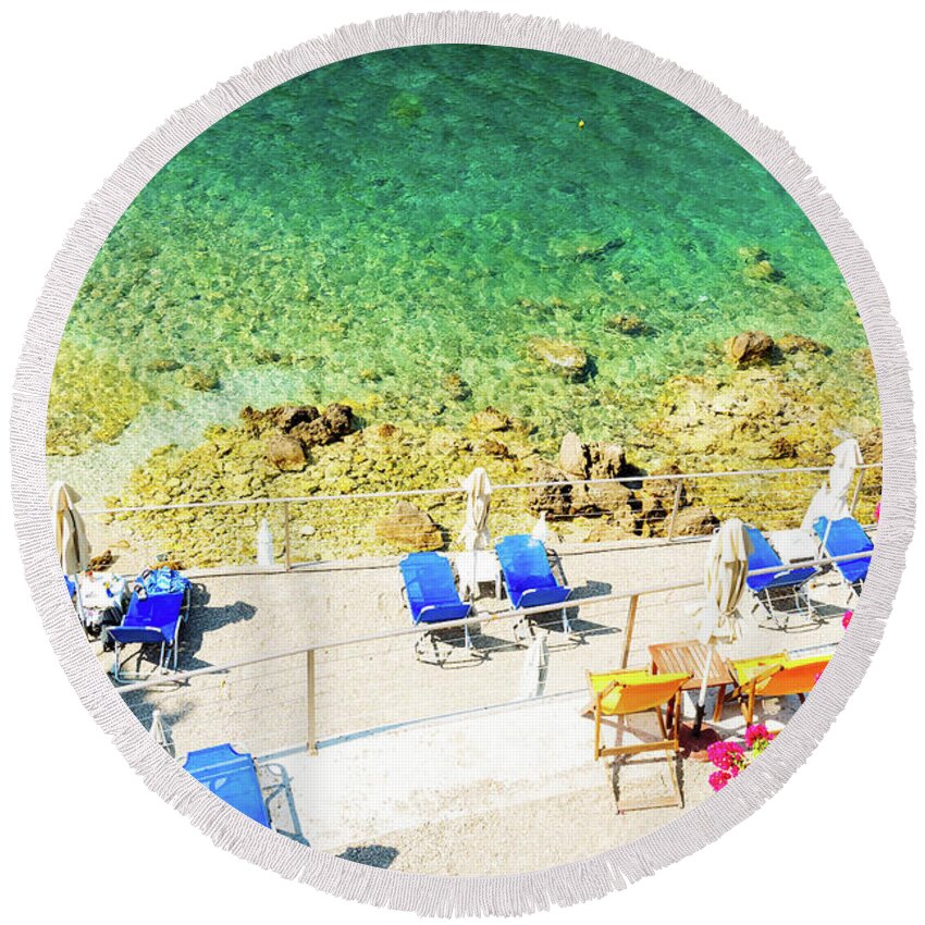 Korfu Round Beach Towel featuring the photograph Paleokastritsa beach on Korfu by Anastasy Yarmolovich