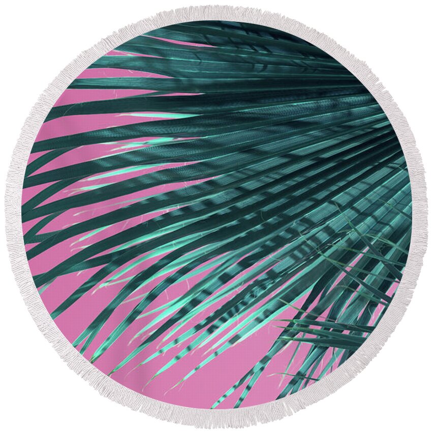 Palm Leaf Round Beach Towel featuring the photograph Palm frond and pink sky, summer on the beach by Adriana Mueller