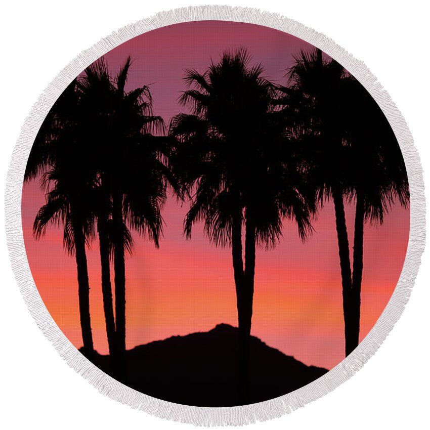 Coachella Valley Round Beach Towel featuring the photograph Amigos - Palm Tree Silhouettes - Sunset - Palm Desert - Coachella - CA. by Bonnie Colgan