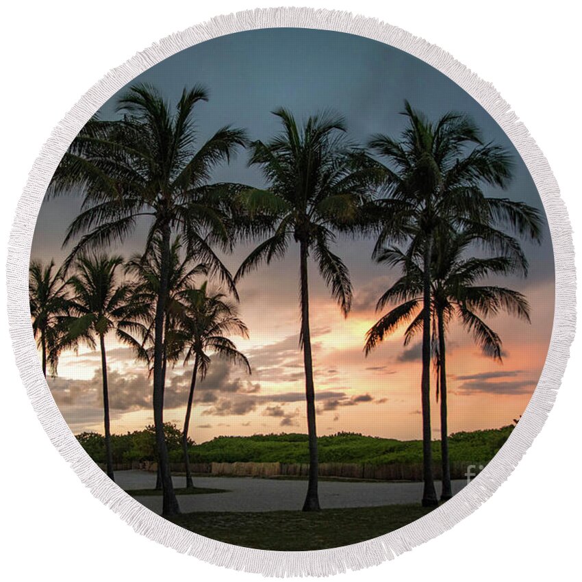 Sunset Round Beach Towel featuring the photograph Palm Tree Sunset, South Beach, Miami, Florida by Beachtown Views
