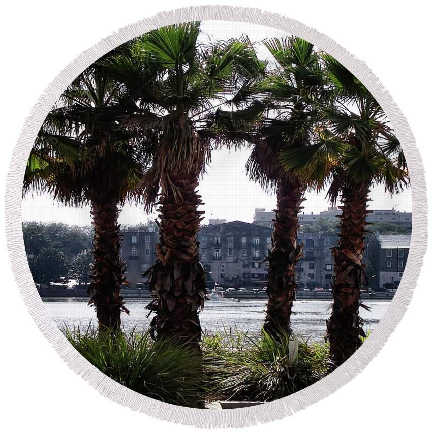 Savannah Round Beach Towel featuring the photograph Palm Trees on the Savannah Riverfront by Theresa Fairchild