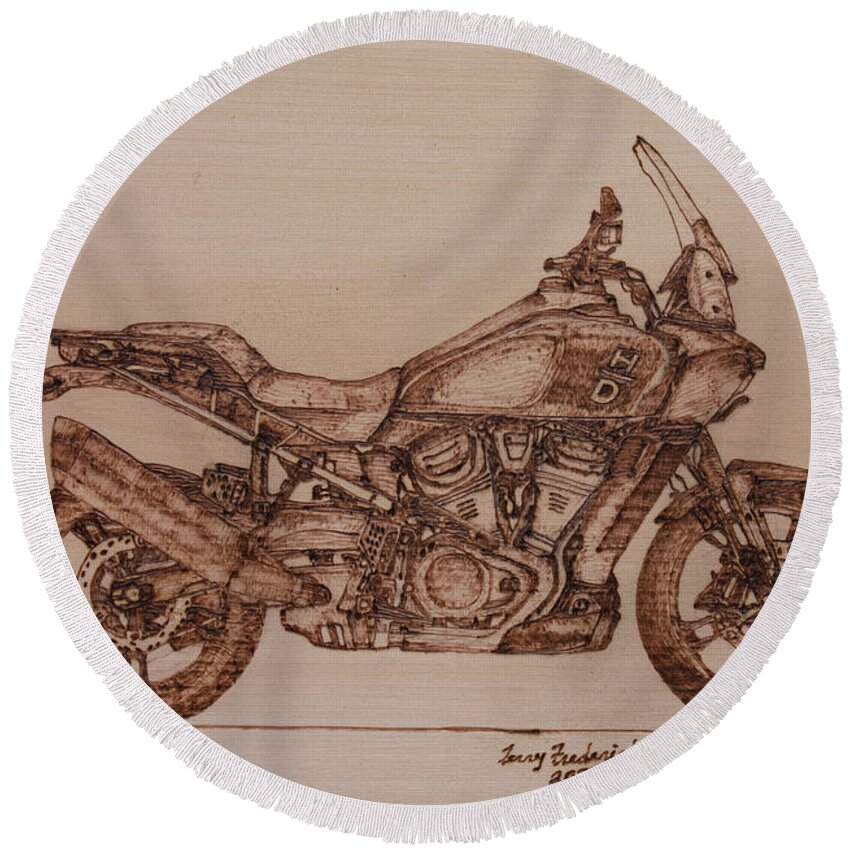 Harley Davidson Round Beach Towel featuring the pyrography Pan America 1250 by Terry Frederick