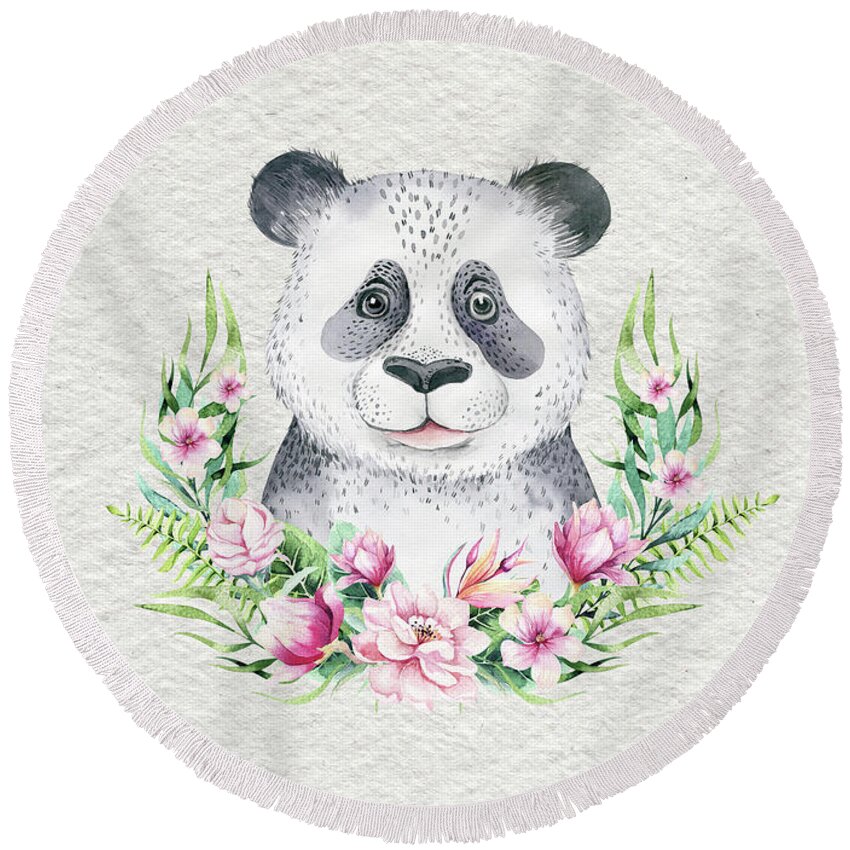 Panda Round Beach Towel featuring the painting Panda Bear With Flowers by Nursery Art