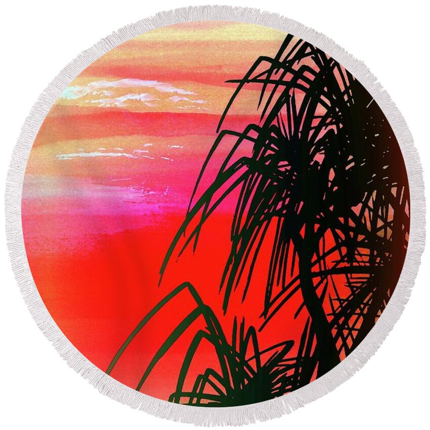 Pandanus Palm Sunset Round Beach Towel featuring the painting Pandanus Palm Sunset by Simon Read