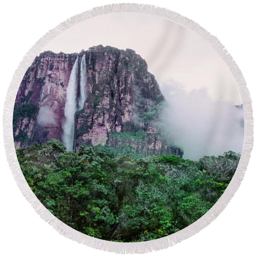 Dave Welling Round Beach Towel featuring the photograph Panorama Angel Falls Canaima Np Venezuela by Dave Welling