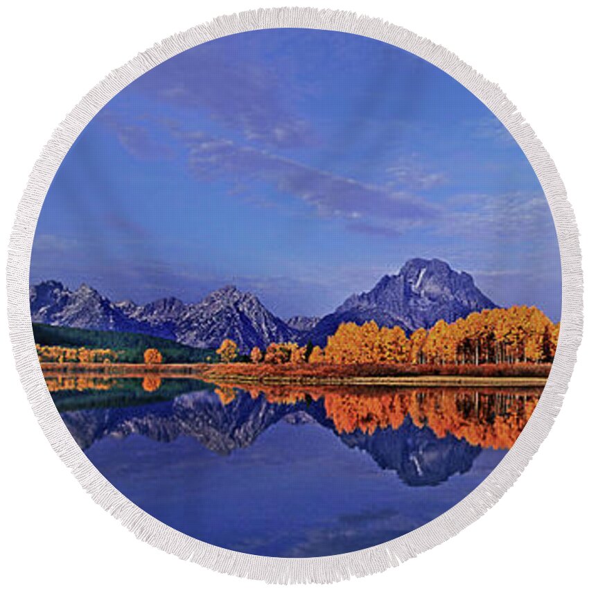 Dave Wellling Round Beach Towel featuring the photograph Panorama Fall Morning Oxbow Bend Grand Tetons by Dave Welling