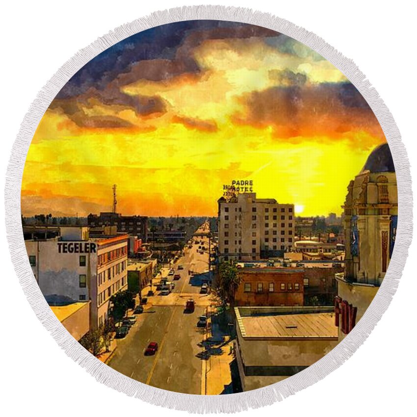 Bakersfield Round Beach Towel featuring the digital art Panorama of downtown Bakersfield, California - watercolor painting by Nicko Prints