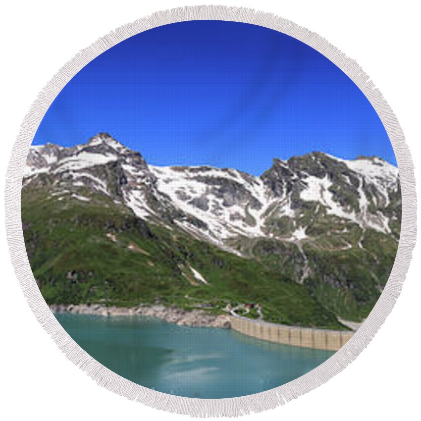 Vacation Round Beach Towel featuring the photograph Panorama of Austrian dam Stausee Mooserboden by Vaclav Sonnek