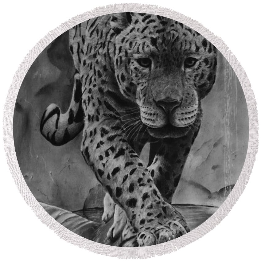 Jaguar Drawing Round Beach Towel featuring the drawing Panthera by Greg Fox