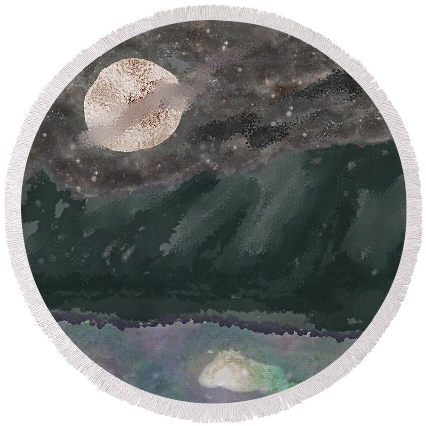 Full Moon Round Beach Towel featuring the digital art Paper Moon above a Mountain Lake by Bentley Davis
