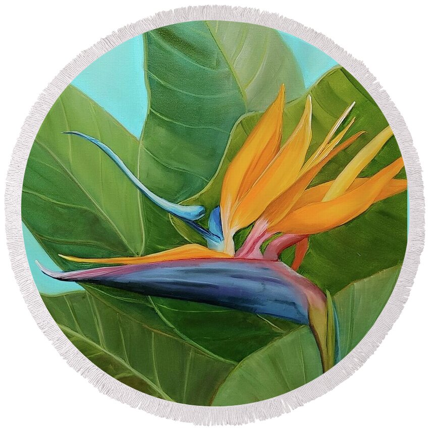 Bird Of Paradise Flower Round Beach Towel featuring the painting Paradise Bloom by Connie Rish