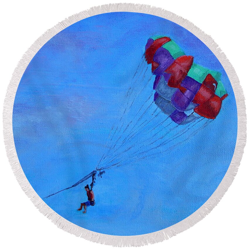Parasail Round Beach Towel featuring the painting Parasailor With a Manbun by Mike Kling