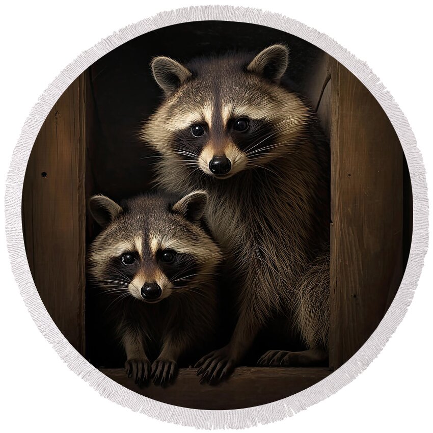 Raccoons Round Beach Towel featuring the digital art Parent and Child Raccoons by Spencer Hughes