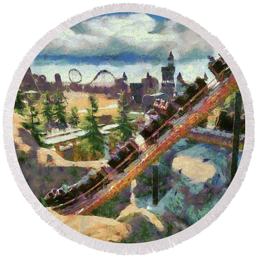 Theme Park Miners Train Round Beach Towel featuring the digital art Park Miners' Train by Caito Junqueira