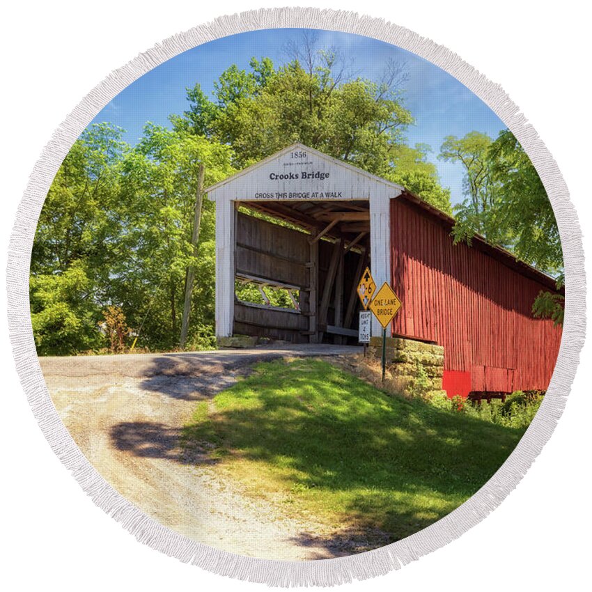 Parke County Round Beach Towel featuring the photograph Parke County, Indiana - Crooks Covered Bridge by Susan Rissi Tregoning