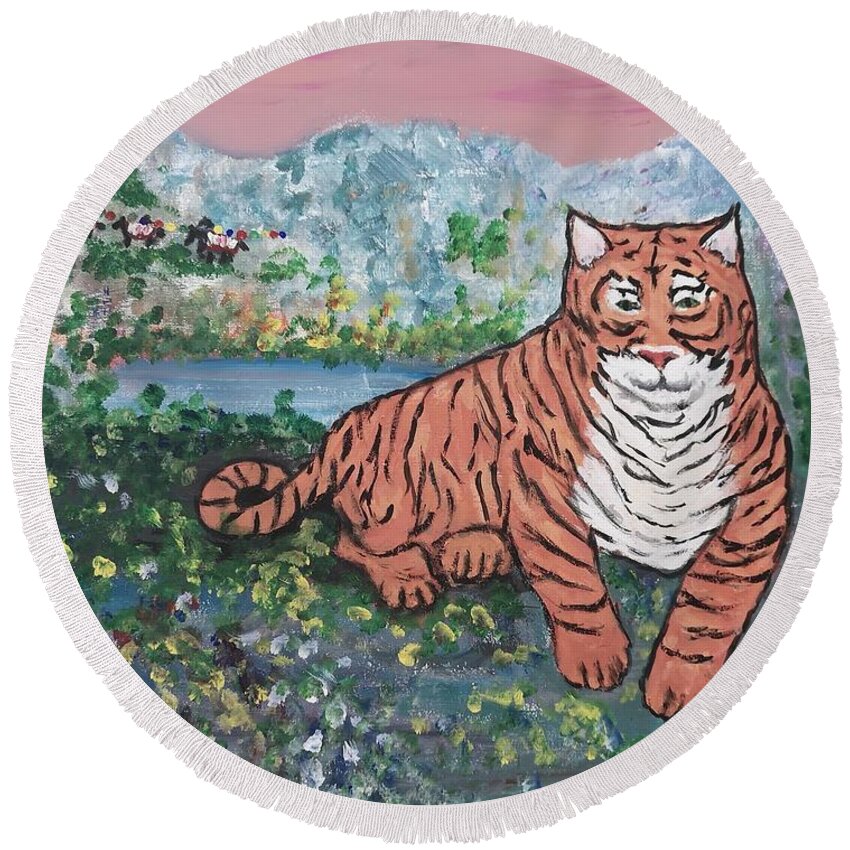 Tiger Round Beach Towel featuring the painting Paro Taktsang,Tiger's nest by Lisa Koyle