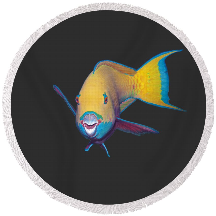 Heavybeak Parrotfish Round Beach Towel featuring the mixed media Parrotfish - Eye catching make up on dark background - by Ute Niemann