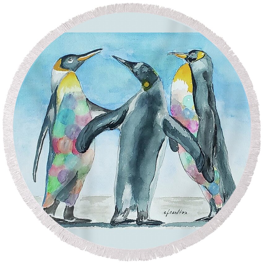 Penguins Round Beach Towel featuring the painting Parti Penguins by Claudette Carlton
