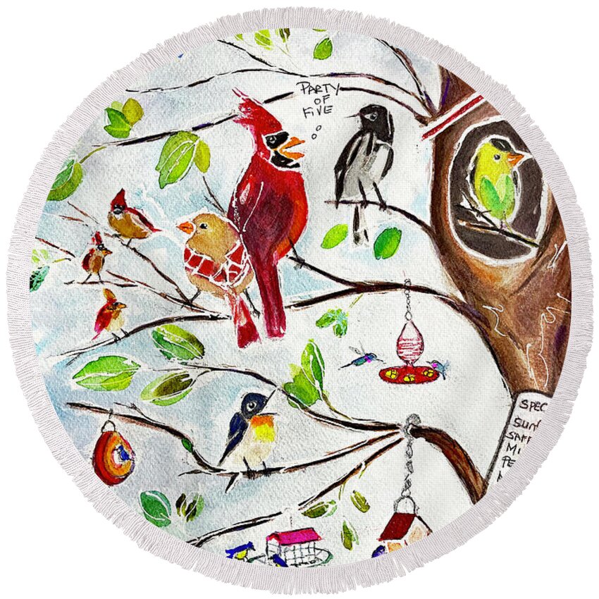 Cardinals Round Beach Towel featuring the painting Party of Five by Roxy Rich