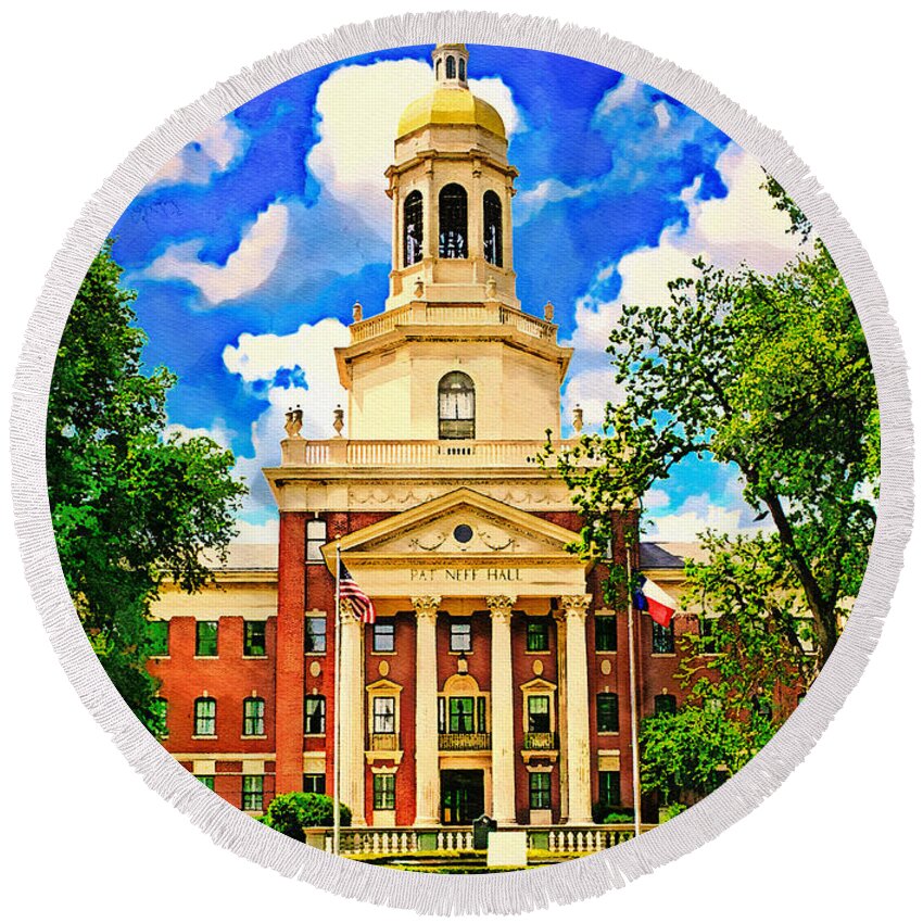Pat Neff Hall Round Beach Towel featuring the digital art Pat Neff Hall of the Baylor University in Waco, Texas - watercolor painting by Nicko Prints