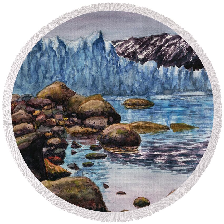 Glacier Round Beach Towel featuring the painting Patagonia glacier watercolor by Bernardo Galmarini